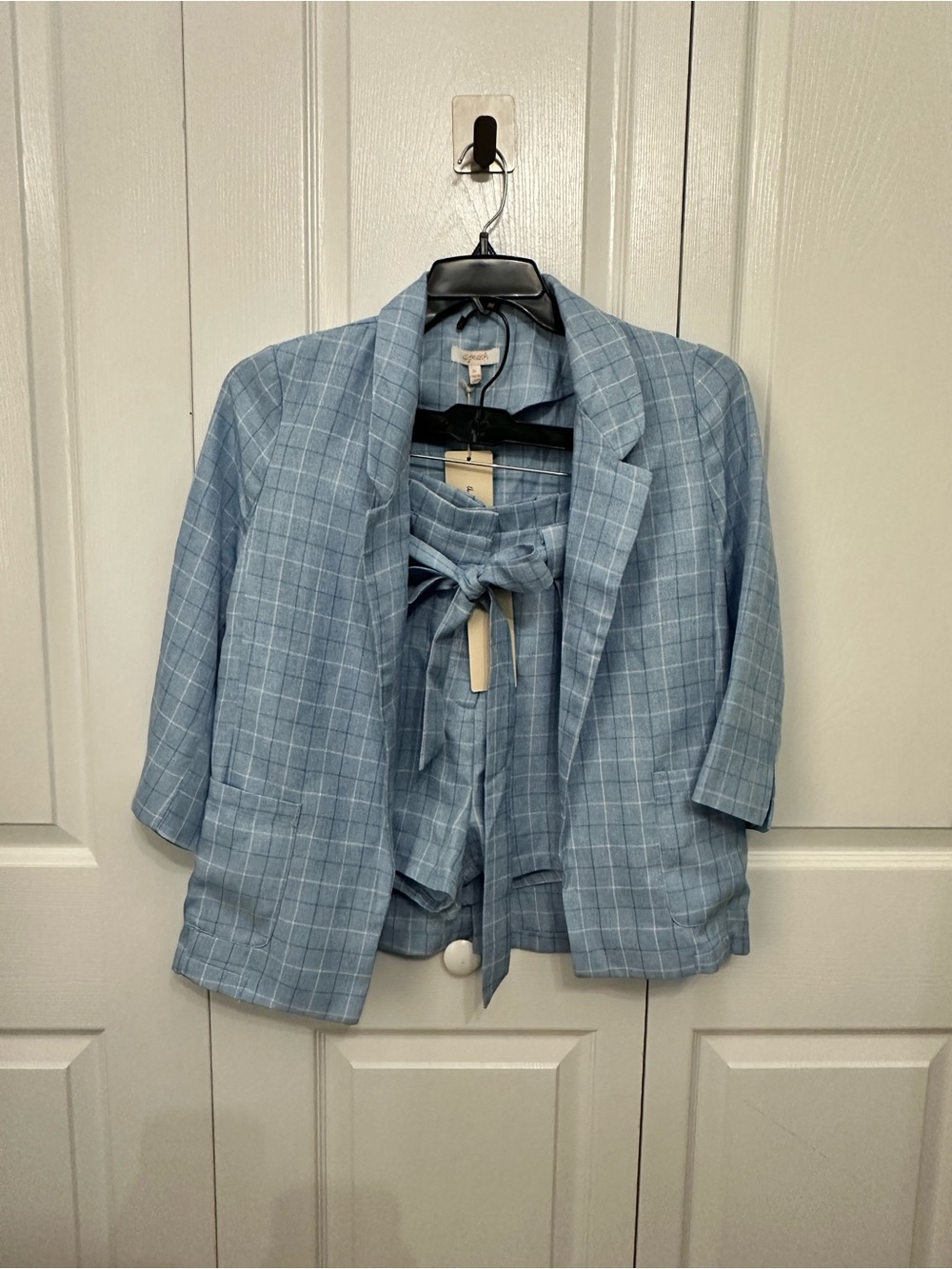 Light Blue Linen Windowpane Blazer with Tie-Front Detail